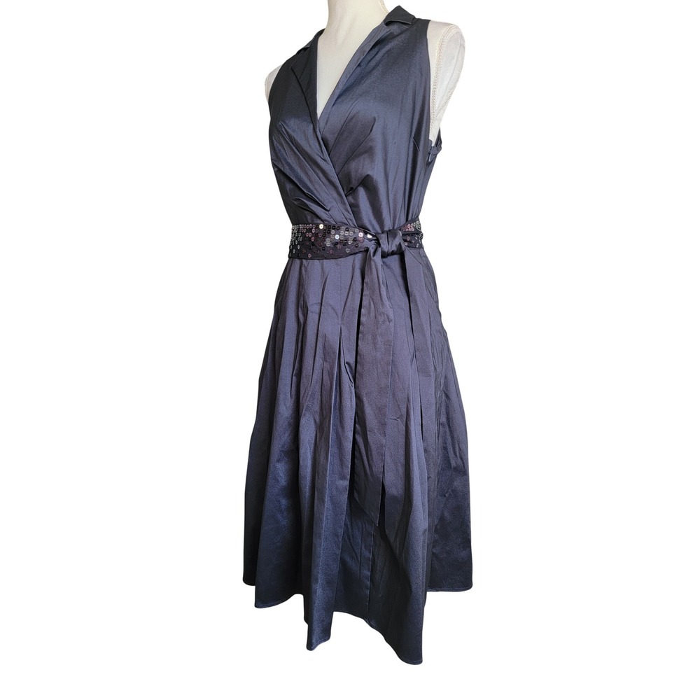 Anne Klein Black Belted Beaded Sleeveless Pleated V-Neck A-Line Midi Dress Sze 8 - Picture 2 of 10